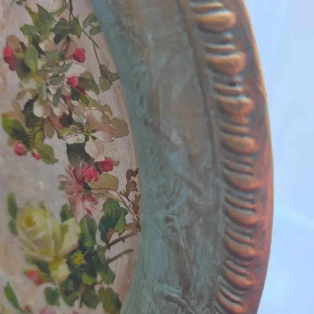Upcycled 15 Inch Round Metal Tray with Vintage Angel & Floral Decoupage